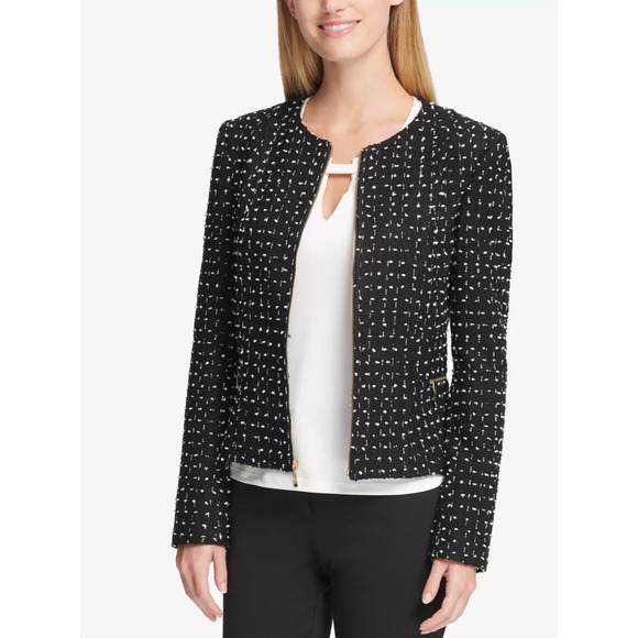 Tommy Hilfiger Womens Black Long Sleeve Tweed Blazer Jacket Full Zip Size 8 NWT